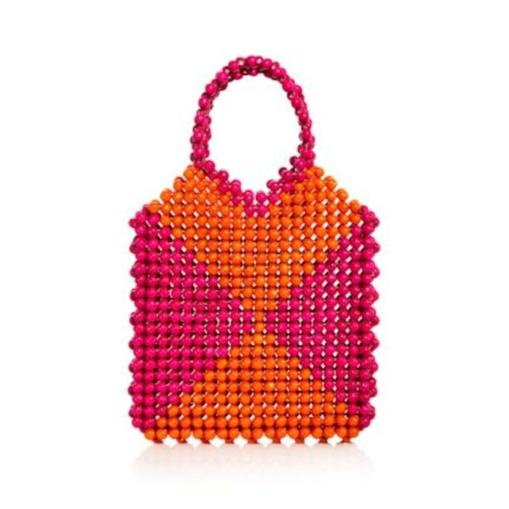 AQUA Women's Pink Beaded Wood Colorblock Double Flat Strap Tote Handbag Purse - Picture 1 of 1